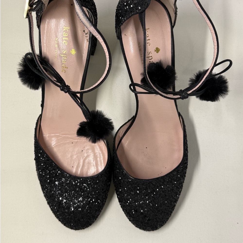 Kate Spade Black Glitter Heels with Pom Poms